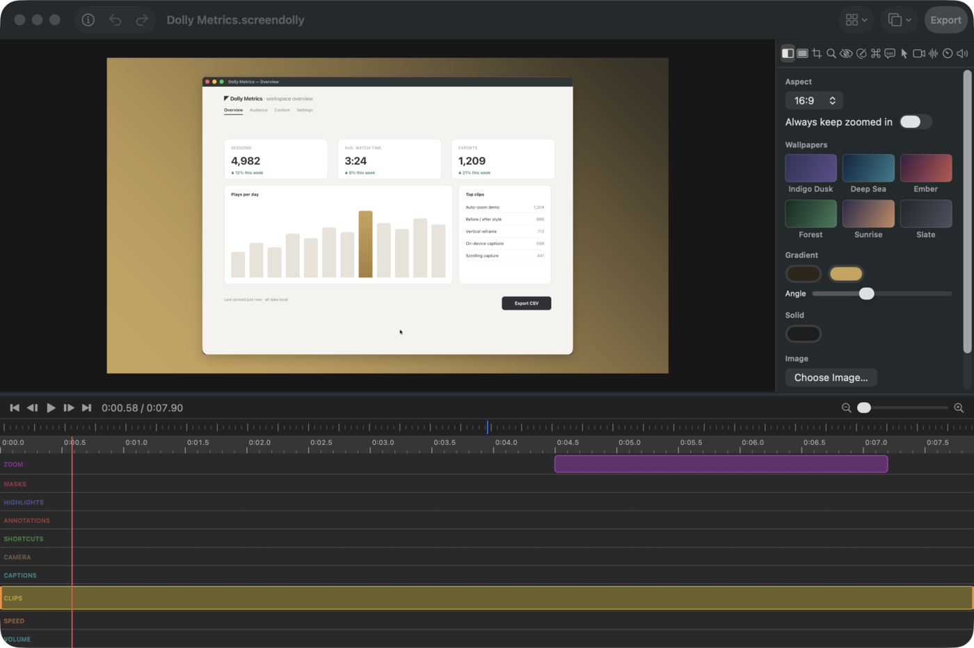The real Screen Dolly editor: a project on a brass wallpaper with aspect and wallpaper controls, and a timeline with zoom, masks, highlights, annotations, captions, and clips lanes